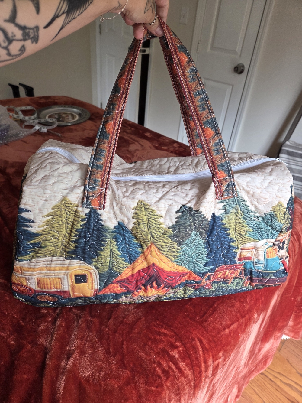 Quilted Camping Scene Duffle Bag – Forest Multi